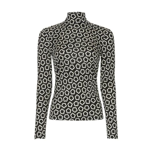 Tory Burch Black White Flower Top SIZE 8 Bodycon Long Sleeve Mockneck Silk $448 - Picture 8 of 13